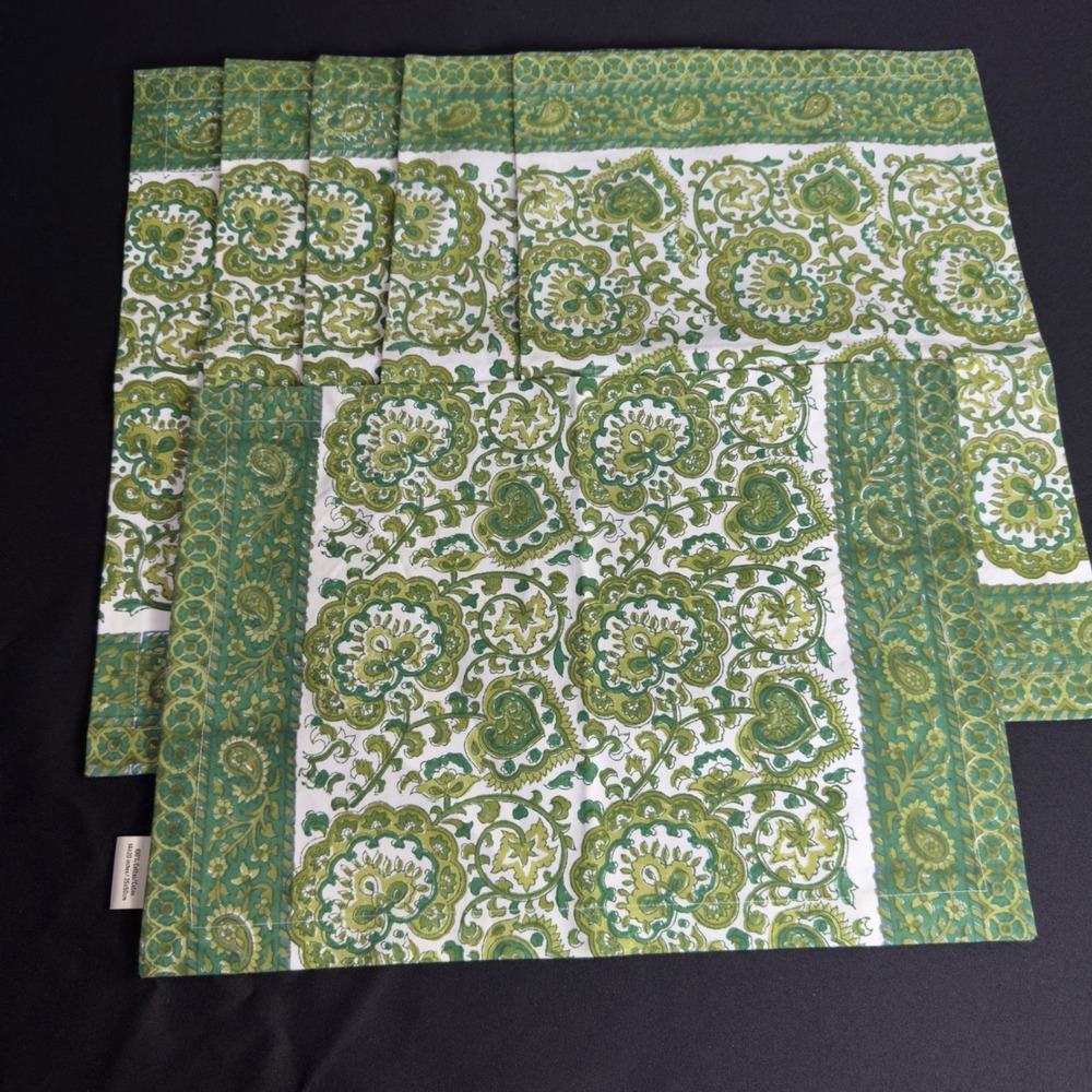 NOS Pottery Barn Green Nali Block Print Cotton Placemats Set of 6 Paisley 14x20